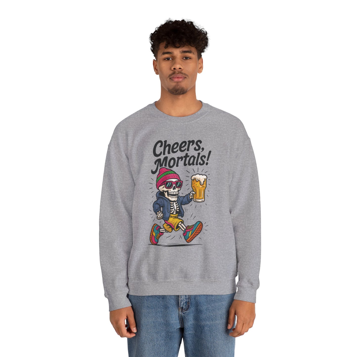 Cheers Mortals! Mens Crewneck Sweatshirt, Skeleton Beer Pullover with Hood, Drinking Humor Sweatshirt, Party Gift for Him, Halloween Apparel