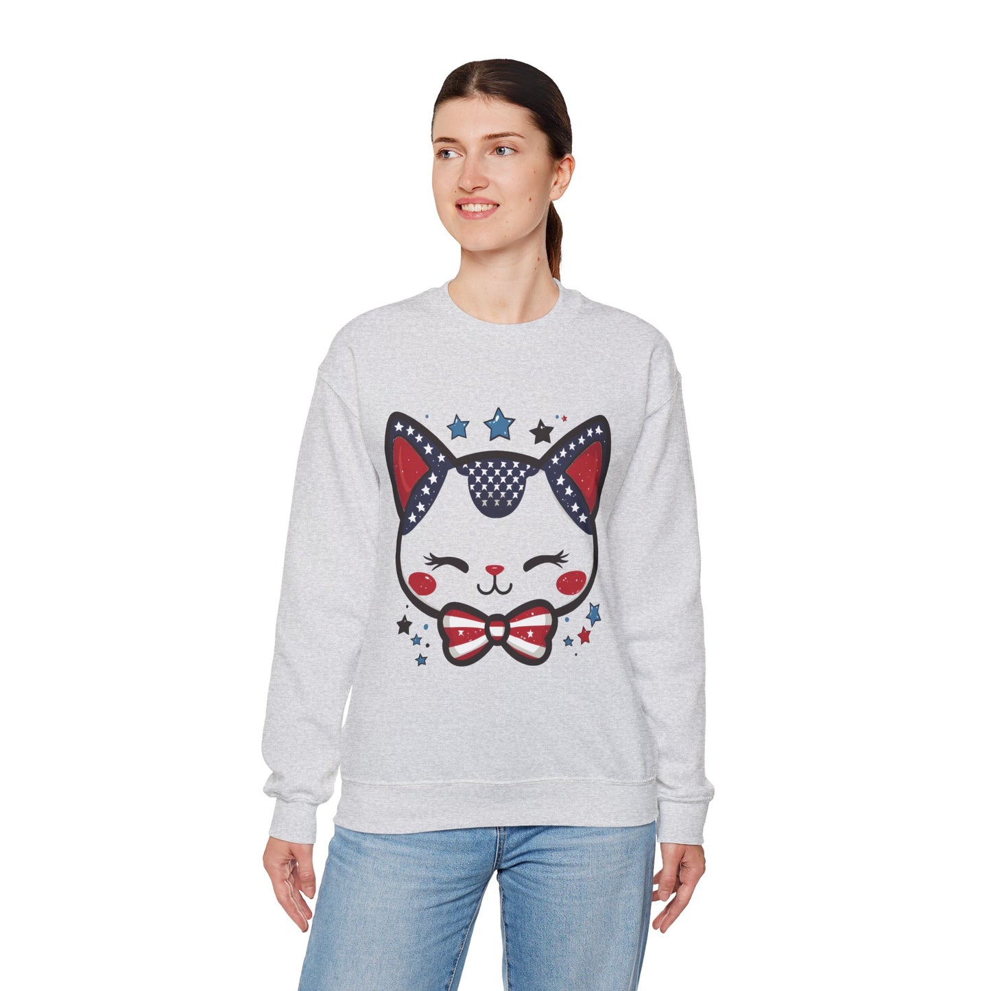 Cute Patriotic Cat Graphic Sweatshirt, Cozy Women's Crewneck, Cat Lover Gift, Fourth of July, Perfect for Holidays and Celebrations