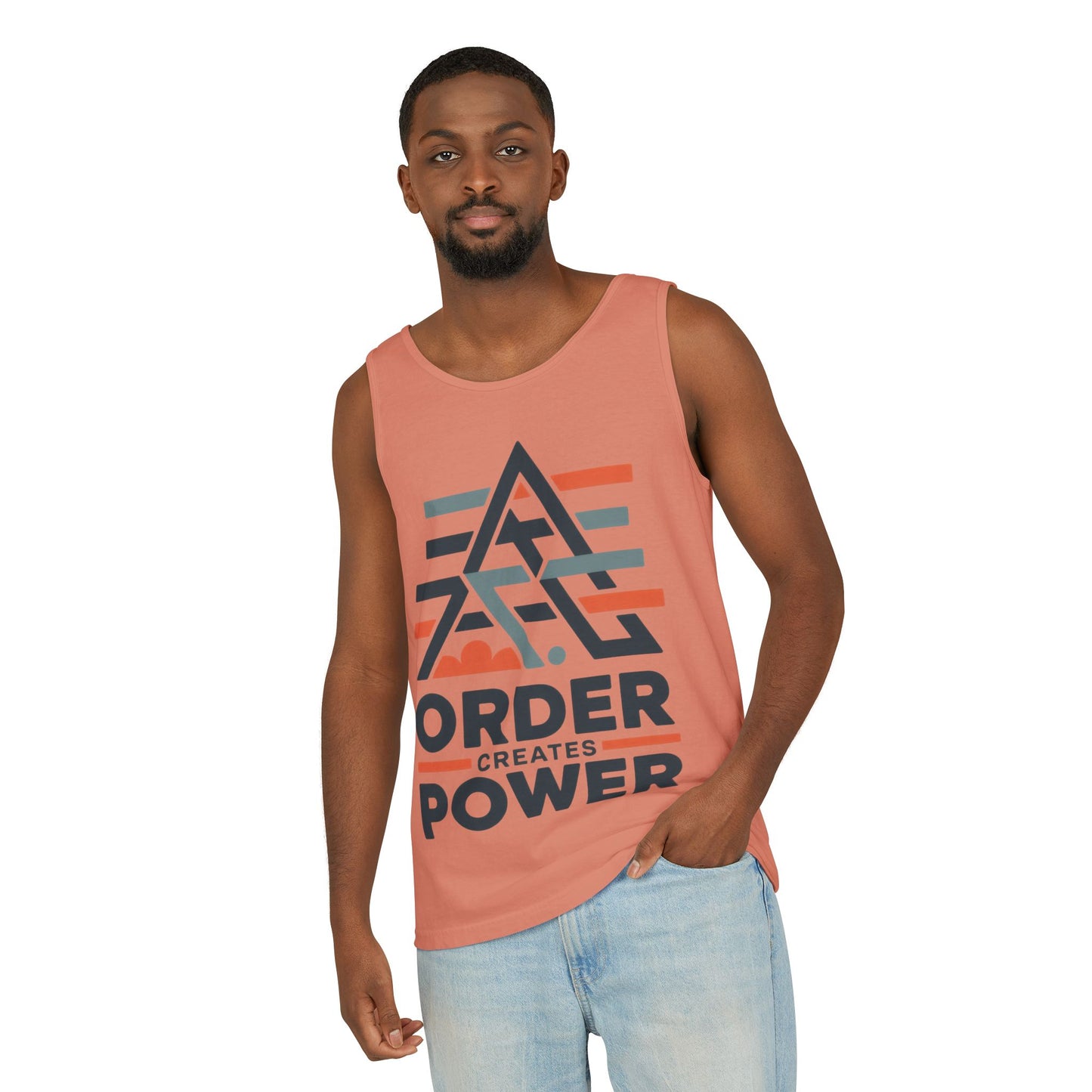 Mens Garment-Dyed Tank Top, Mens Tank Top Order Creates Power, Minimal Geometric Motivational Graphic Summer Shirt