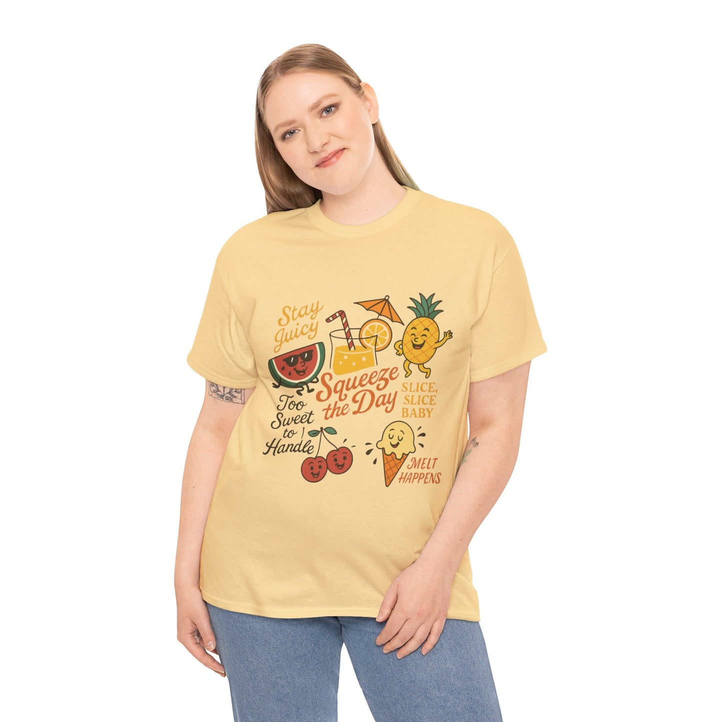 Cute Fruit Pun T-Shirt for Women, Summer Graphic Tee, Kawaii Watermelon Pineapple Ice Cream Design, Squeeze the Day Shirt, Stay Juicy Top