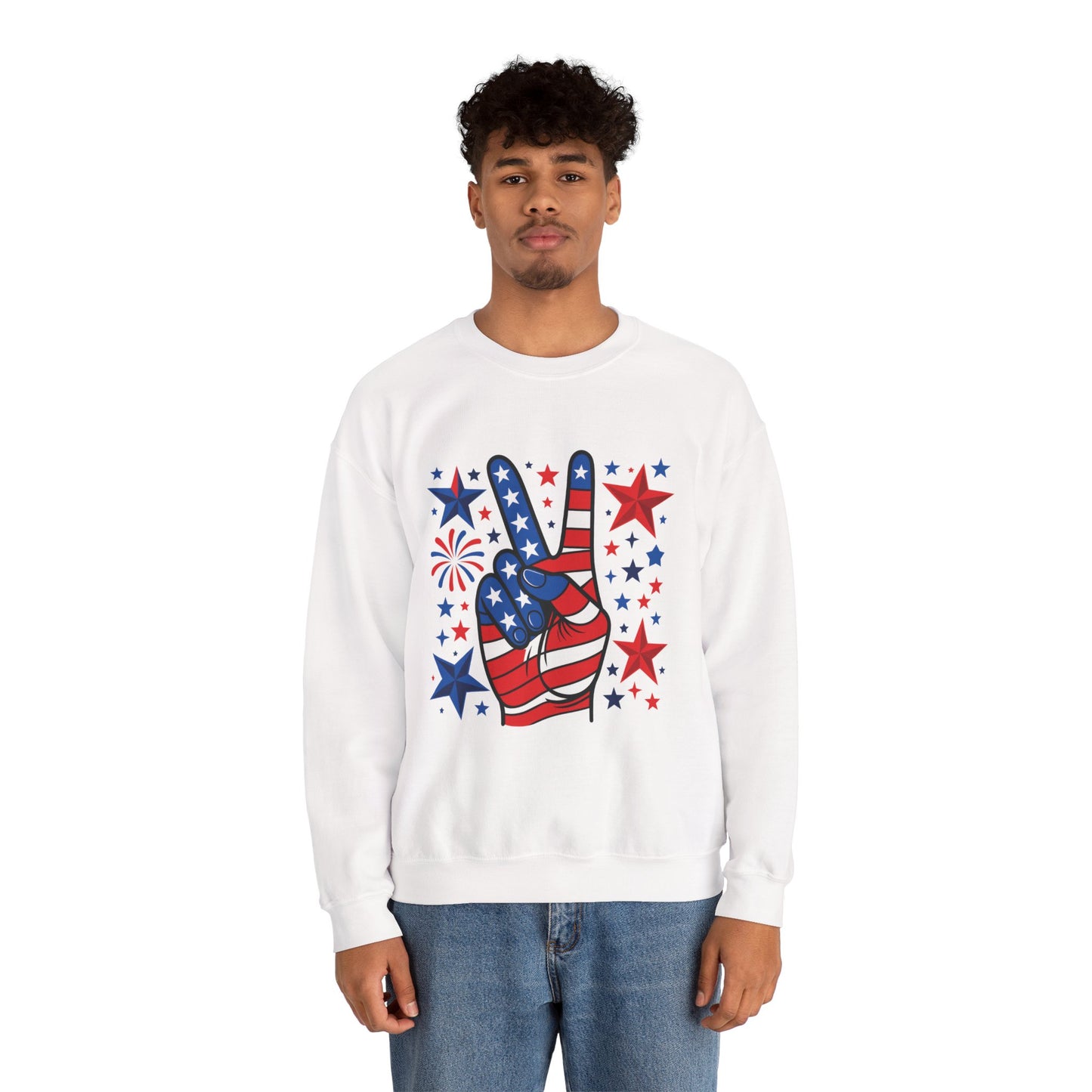 Patriotic Peace Crewneck Sweatshirt - Unisex Heavy Blend, 4th of July Clothing, Peace Sign Design, Casual Wear, Gift for Him/Her