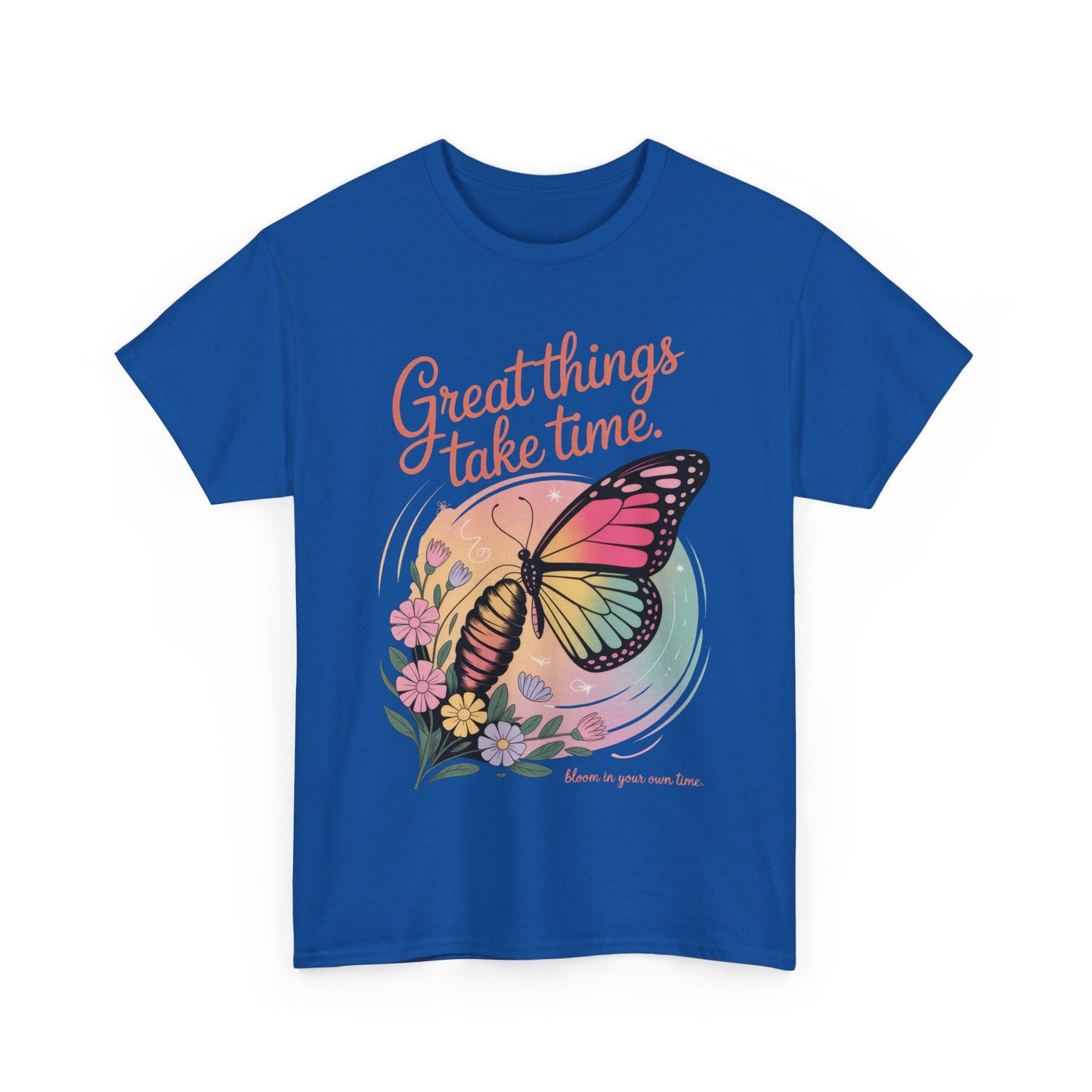 Butterfly Motivational Women's Heavy Cotton Tee, Great Things Take Time Shirt, Gift for Nature Lovers, Inspirational Apparel, Summer Outfit