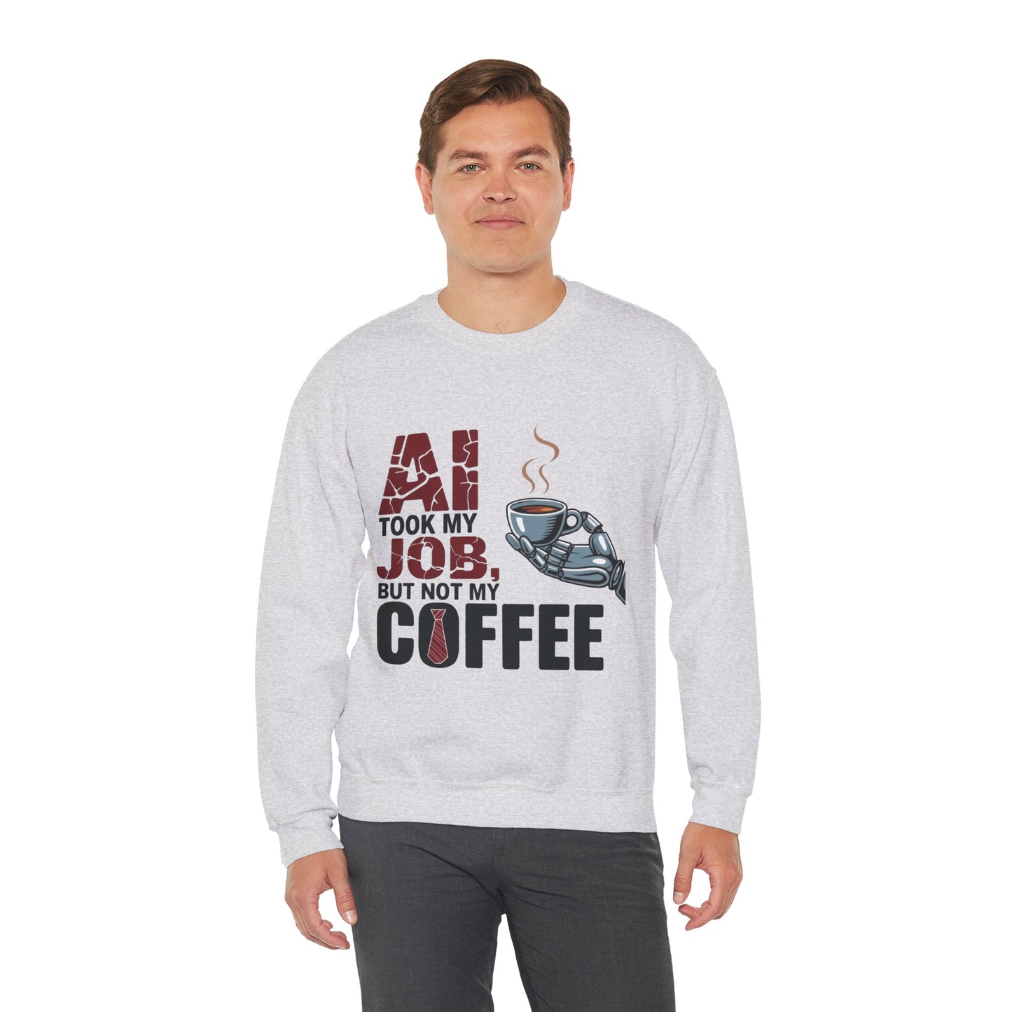 Men's AI Coffee Sweatshirt, Funny Robot Humor Pullover, Geek Sarcastic Job Joke Top, Men's Heavy Blend™ Crewneck Sweatshirt, Office Humor