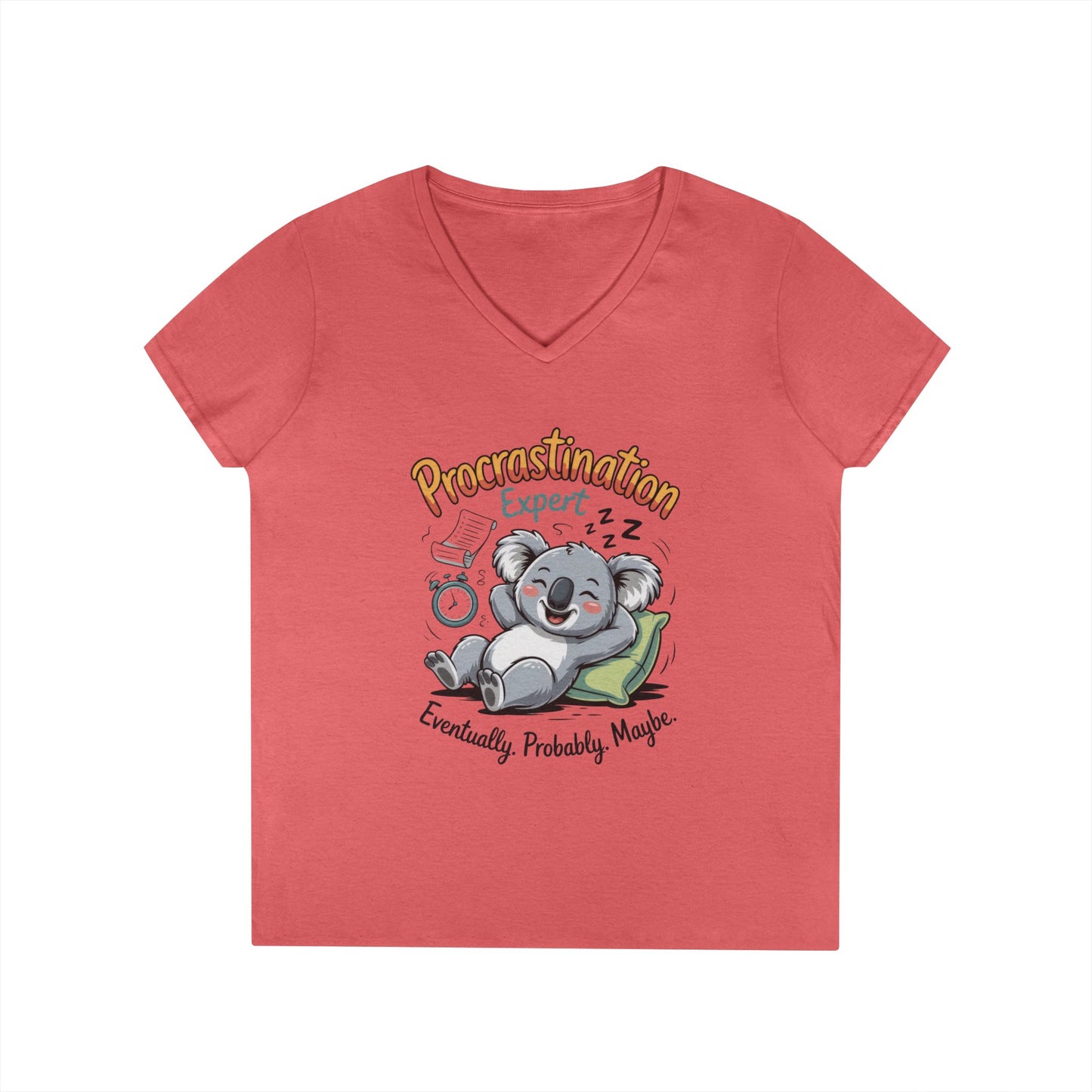 Procrastination Expert Ladies' V-Neck T-Shirt, Fun Tee for Lazy Days, Gift for Students, Casual Wear, Motivational Shirt, Cute Koala Design