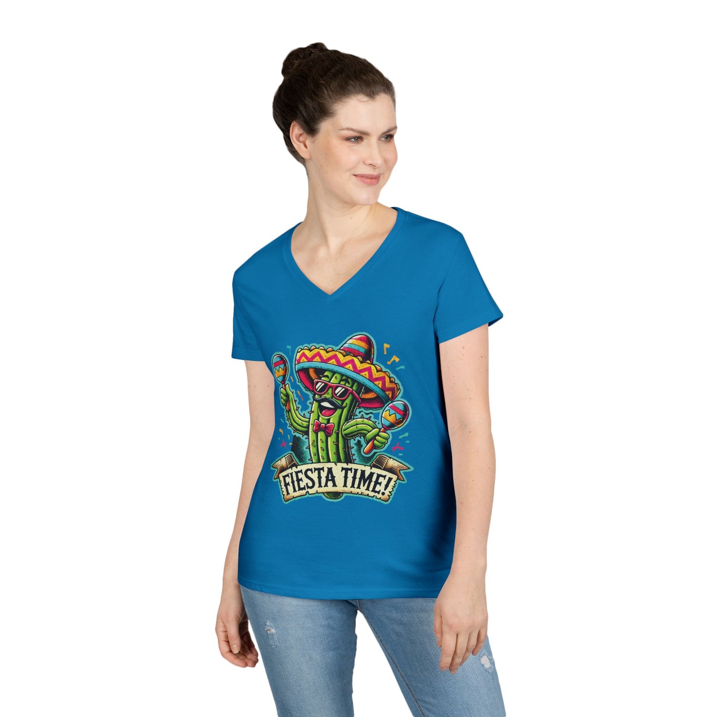 Fiesta Time Cactus Ladies' V-Neck T-Shirt, Funny Sombrero Mexican Party Tee, Cinco de Mayo Gift Idea, Fun Summer Tee, Party Wear