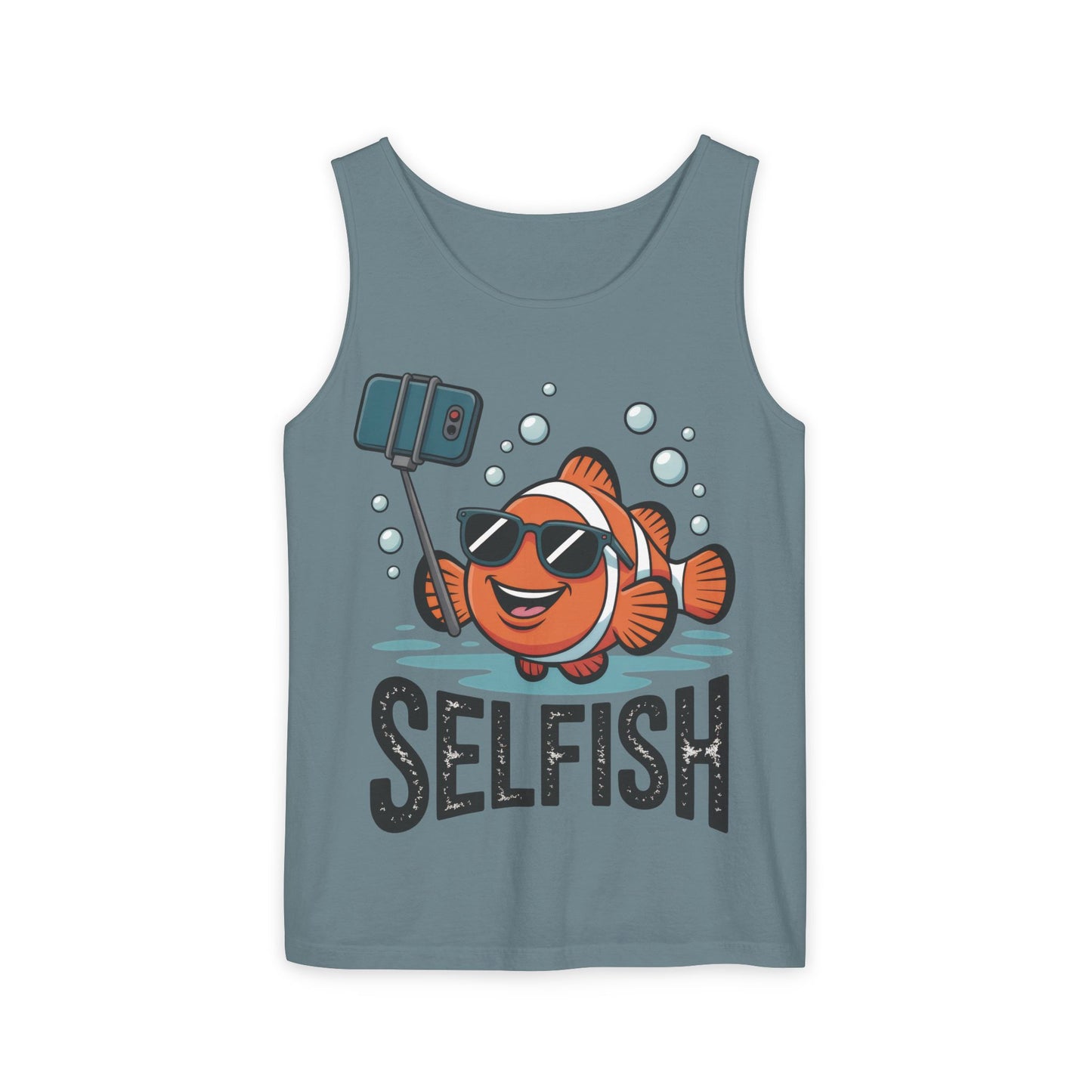 Mens Garment-Dyed Tank Top, Mens Selfish Funny Fish Tank Top, Cute Selfie Graphic Shirt, Ocean Humor Top