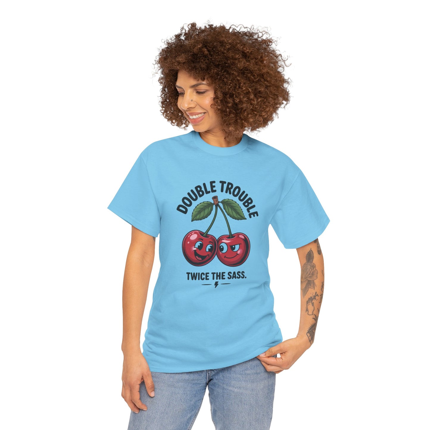 Double Trouble Cherry Graphic Tee, Funny Cute Womens T-Shirt, Twice the Sass Quote Shirt, Sassy Cherry Cartoon Gift