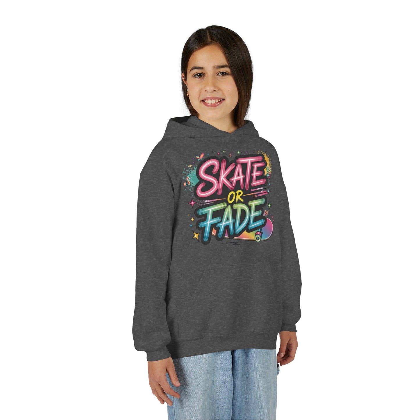 Youth Heavy Blend Hooded Sweatshirt, Skate Or Fade Girls Shirt, Colorful Graffiti Skateboarding Hoodie