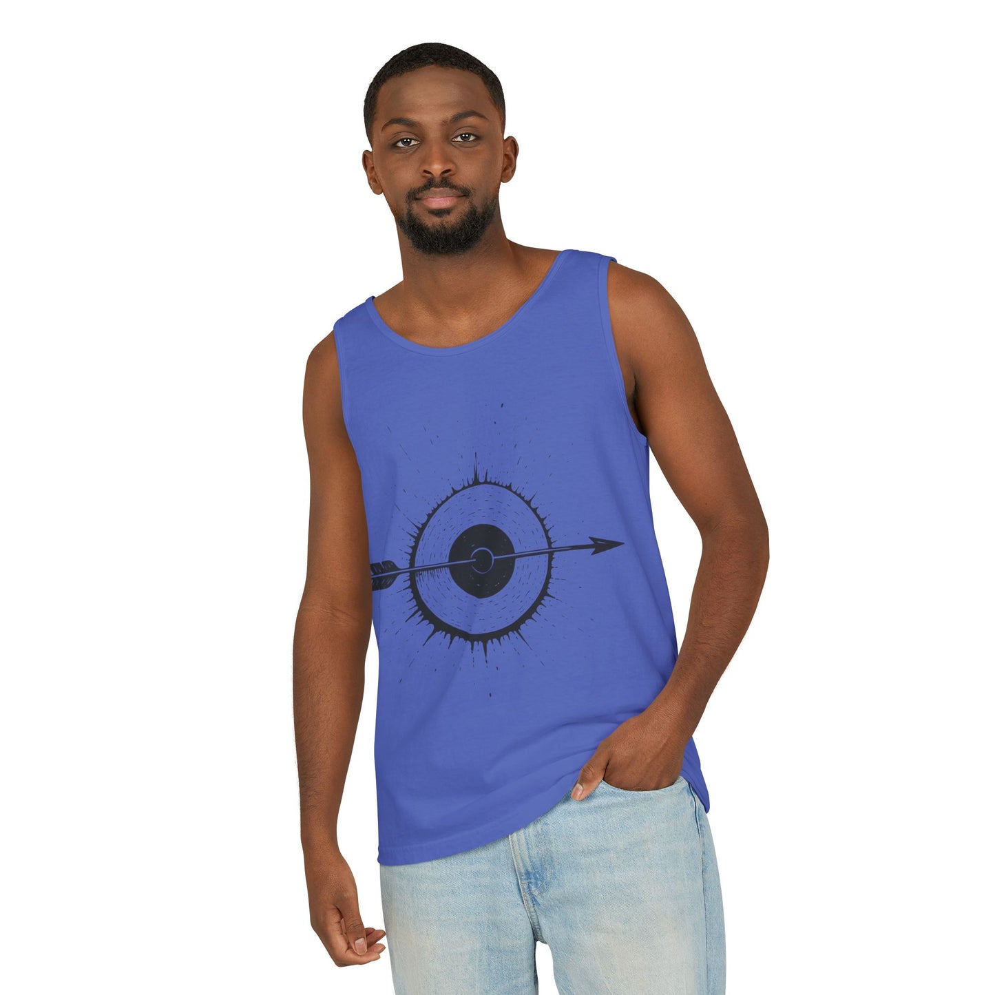 Mens Garment-Dyed Tank Top with Target Arrow Design, Casual Wear, Summer Essentials, Gym Wear, Gifts for Archery Lovers