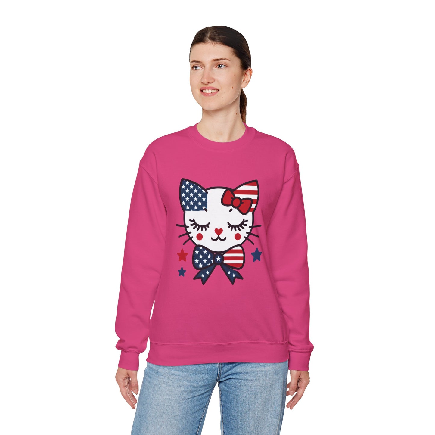 Cute Cat American Flag Sweatshirt, Women's Crewneck, Perfect for 4th of July, Women's Casual Wear, Cat Lovers Gifts