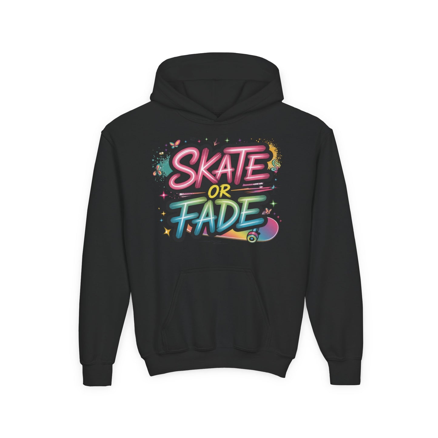 Youth Heavy Blend Hooded Sweatshirt, Skate Or Fade Girls Shirt, Colorful Graffiti Skateboarding Hoodie