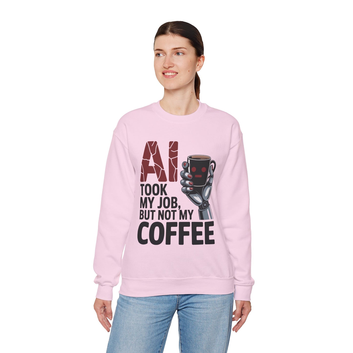 AI Coffee Sweatshirt, Funny Robot Humor Pullover, Geek Sarcastic Job Joke Top, Women's Heavy Blend™ Crewneck Sweatshirt