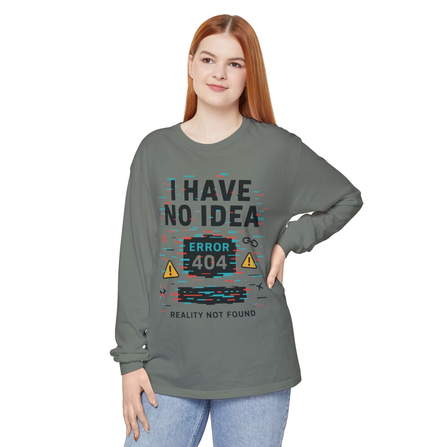Unisex Long Sleeve T-Shirt, Funny Error 404 Graphic Tee, Internet Humor, Geeky Apparel, Quirky Humor Shirt, Gift for Tech Lovers