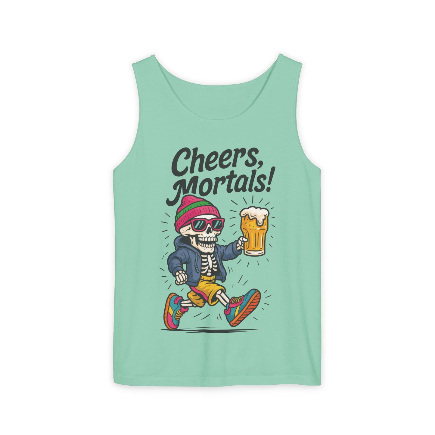 Cheers Mortals! Mens Tank Top, Funny Skeleton Beer Graphic Tee, Drinking Humor Shirt, Party Gift for Him, Halloween Tank, Beer Lovers Gift