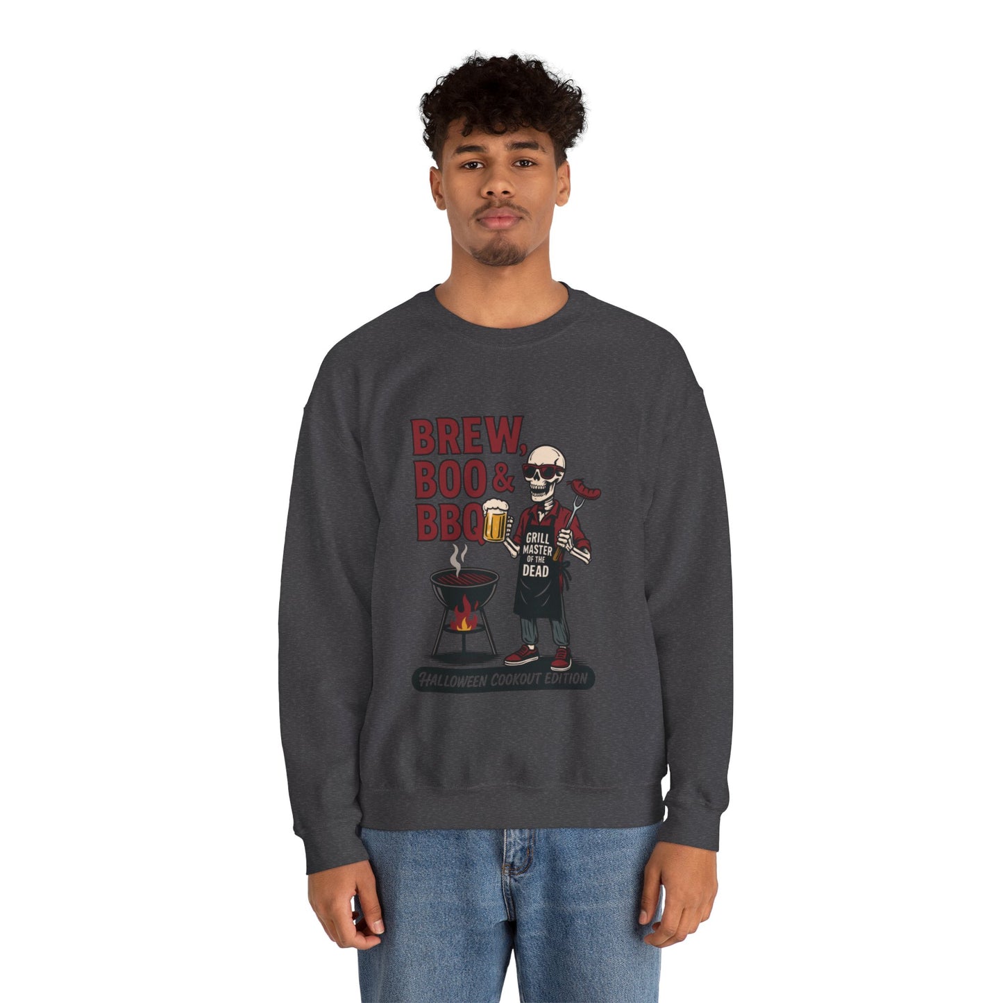 Halloween BBQ Men's Sweatshirt, Brew Boo & BBQ Skeleton Grill Master, Spooky Dad Gift, Skeleton Dad Sweat, Grill Master Crew