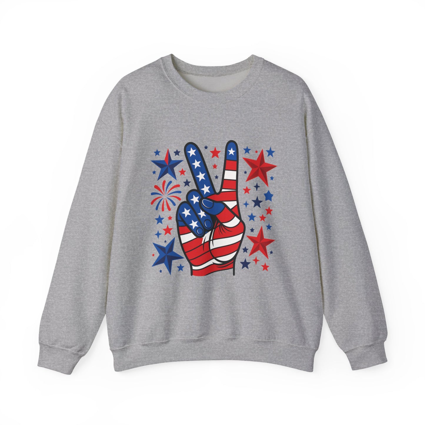 Patriotic Peace Crewneck Sweatshirt - Unisex Heavy Blend, 4th of July Clothing, Peace Sign Design, Casual Wear, Gift for Him/Her