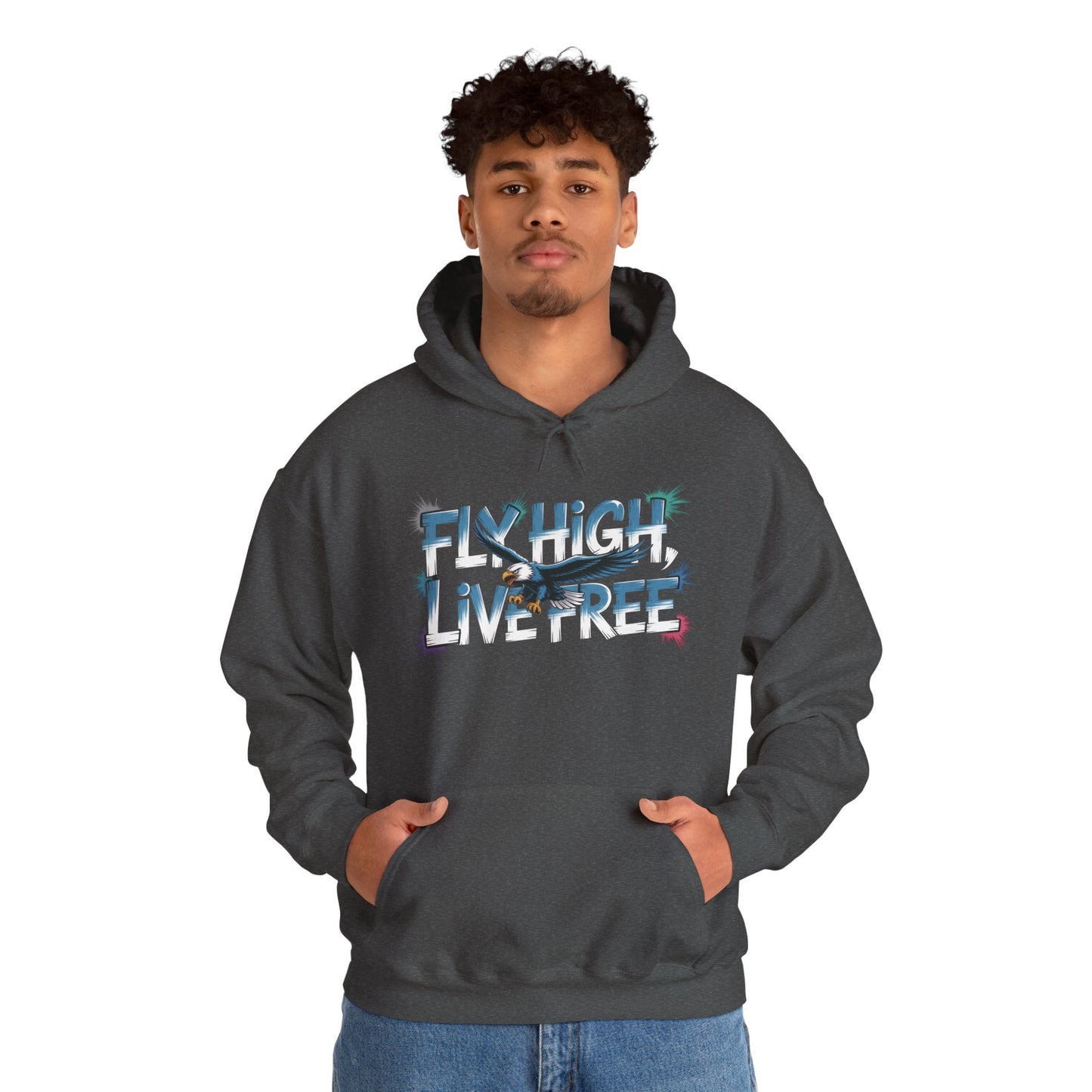 Mens Heavy Blend™ Hooded Sweatshirt, Fly High Live Free Eagle Mens Hoodie Streetwear