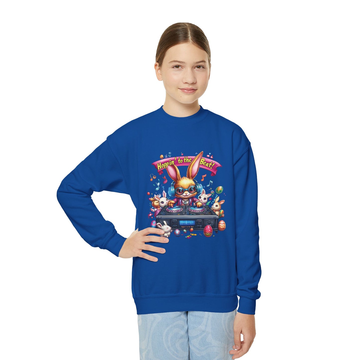DJ Bunny Easter Kids Sweatshirt - Fun Music Bunny Crewneck for Spring, Hoppin' to the Beat Design, Cute Gift for Easter & Parties