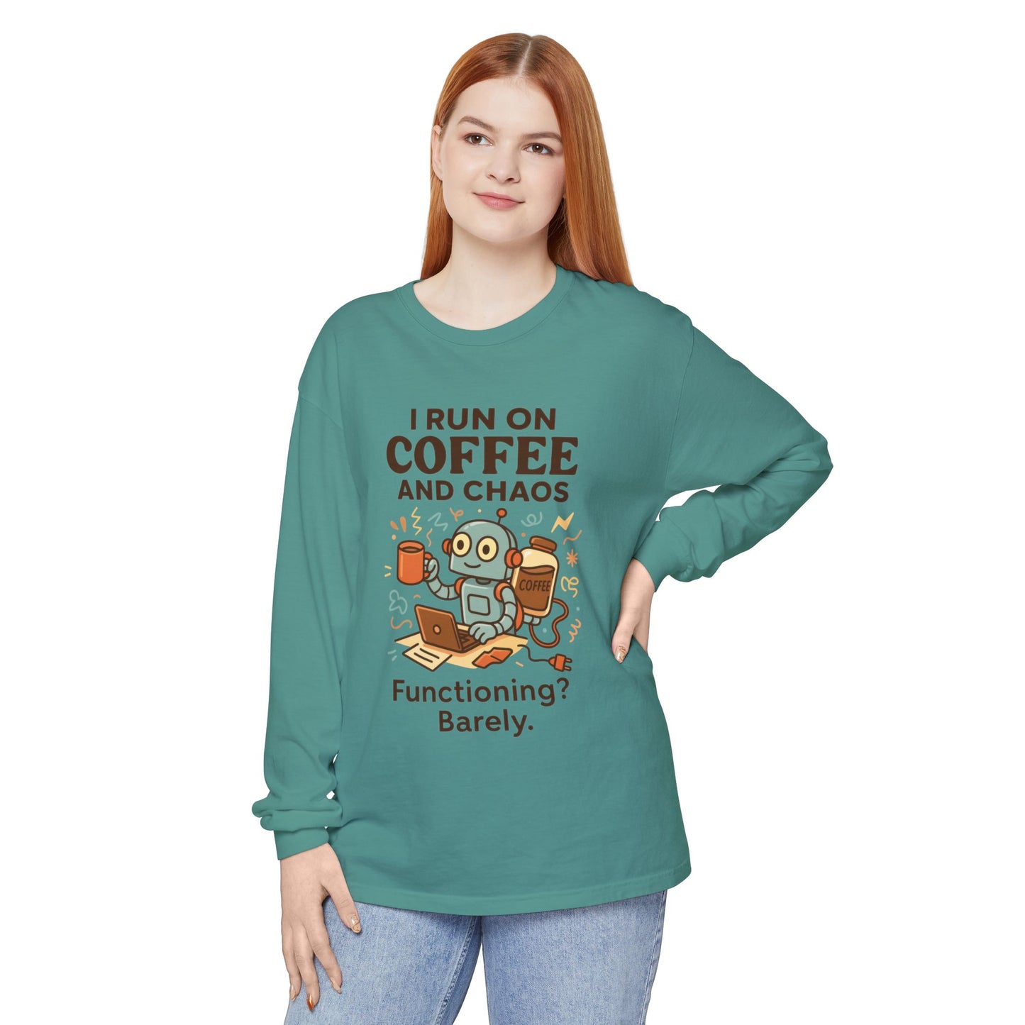 Coffee Chaos Long Sleeve Tee, Funny T-Shirt, Quirky Gift for Coffee Lovers, Unisex Top for Busy Lives, Work from Home Humor Tee