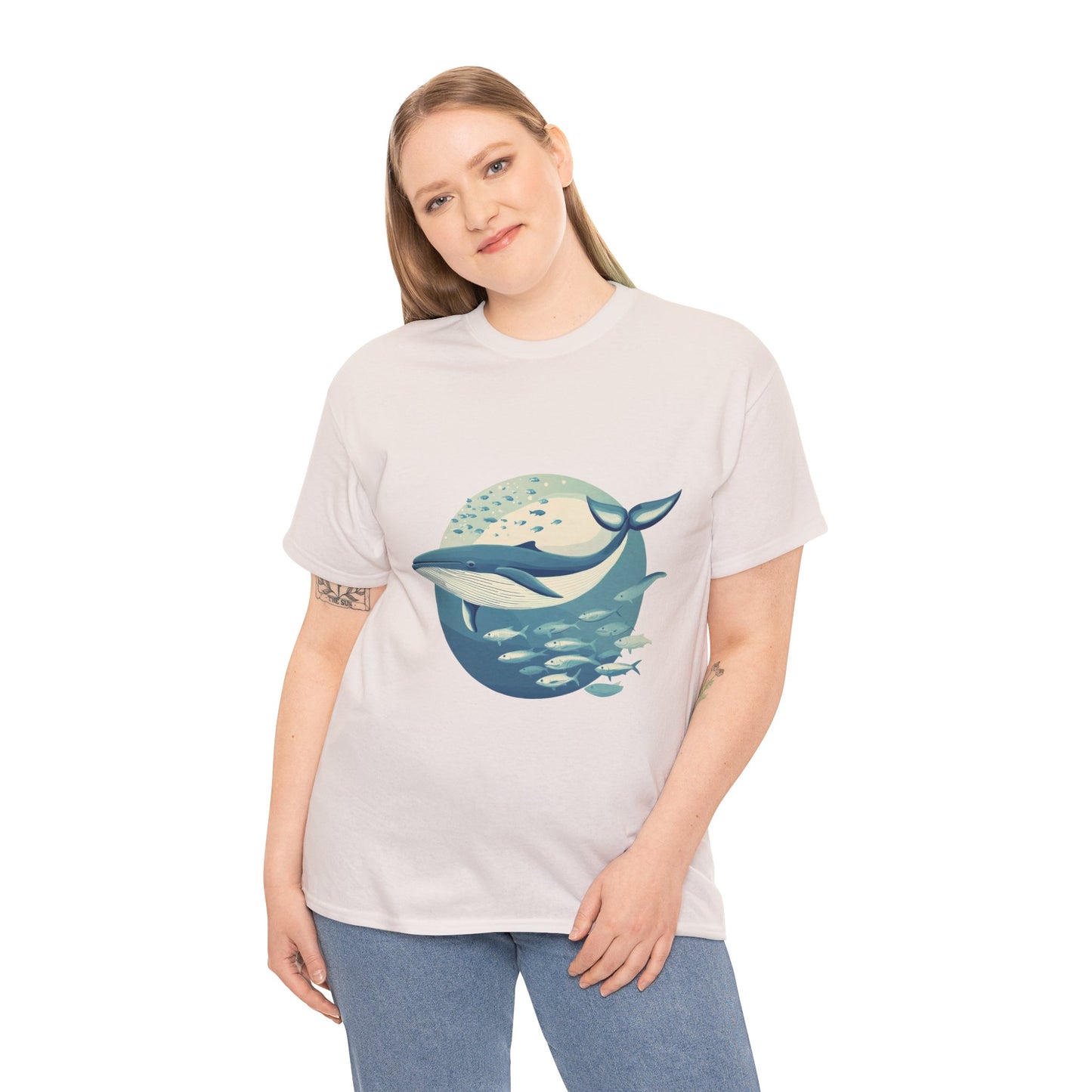 Whale and Fish Unisex Heavy Cotton Tee, Ocean Lover Shirt, Nature Tee, Sea Creature Gift, Casual Summer Top, Ocean Whale Graphic Tee