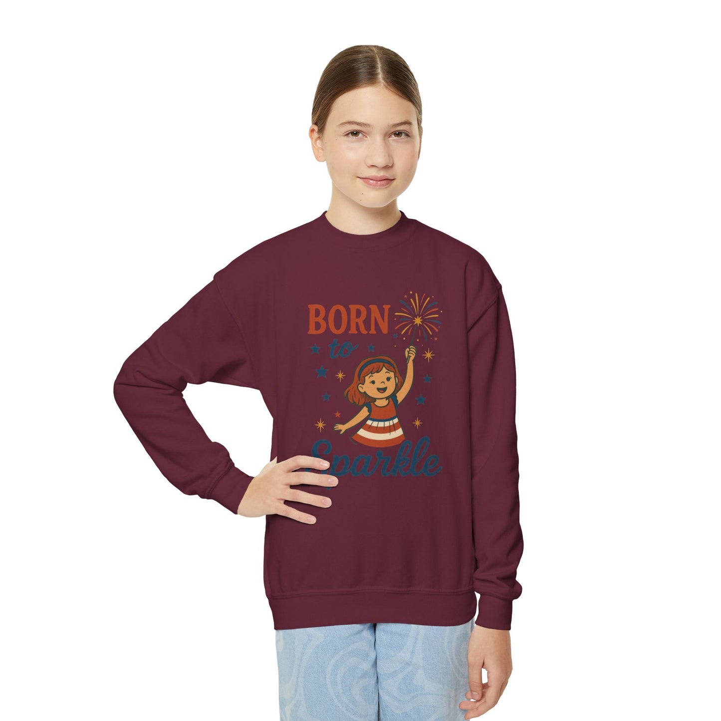 4th of July Youth Crewneck Sweatshirt, Born to Sparkle Tee, Patriotic Fireworks Toddler Crewneck, Independence Day Outfit for Tween Girls