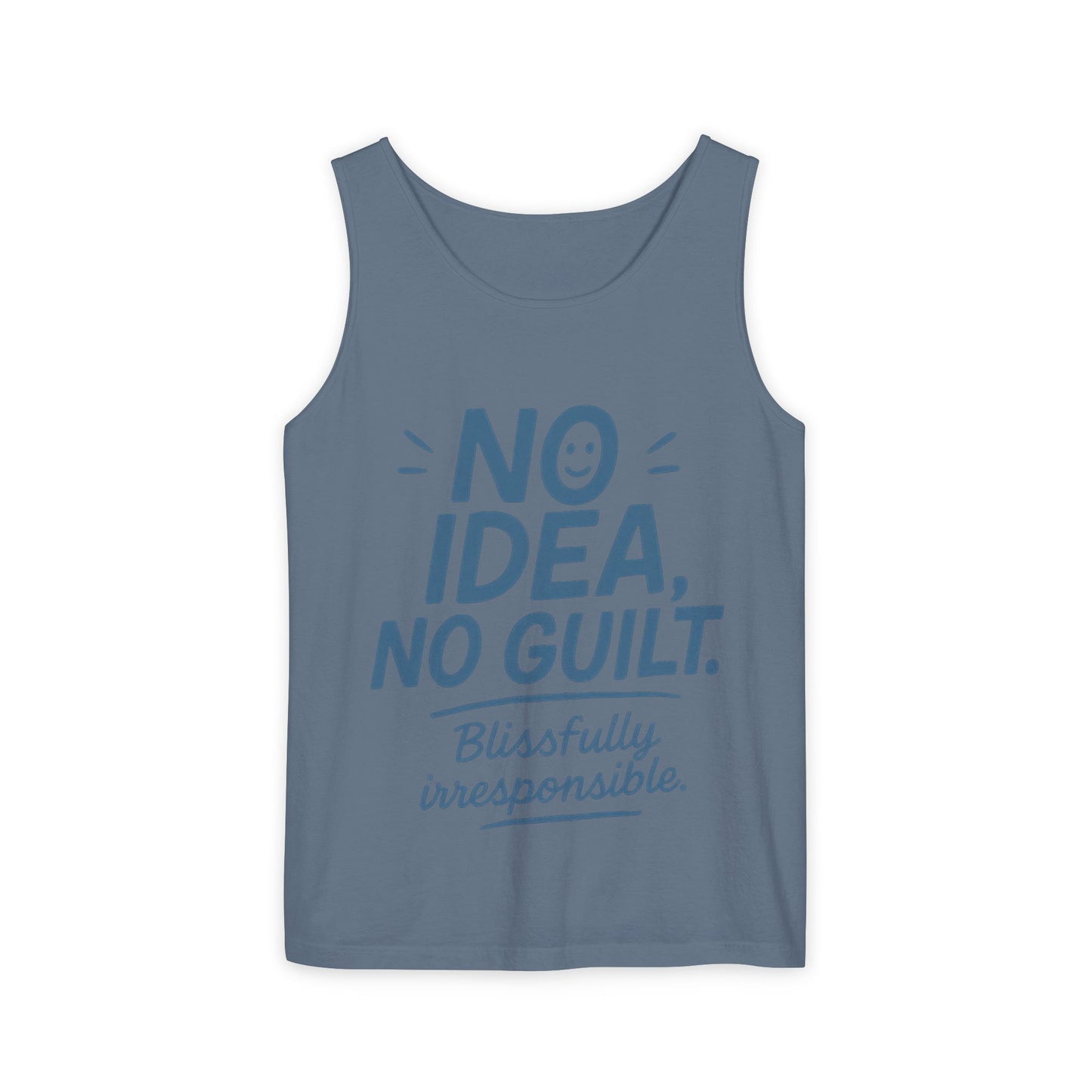 Mens Funny Tank Top, No Idea No Guilt Quote, Blissfully Irresponsible Gym Shirt, Casual Sleeveless Top, , Fun Party Shirt