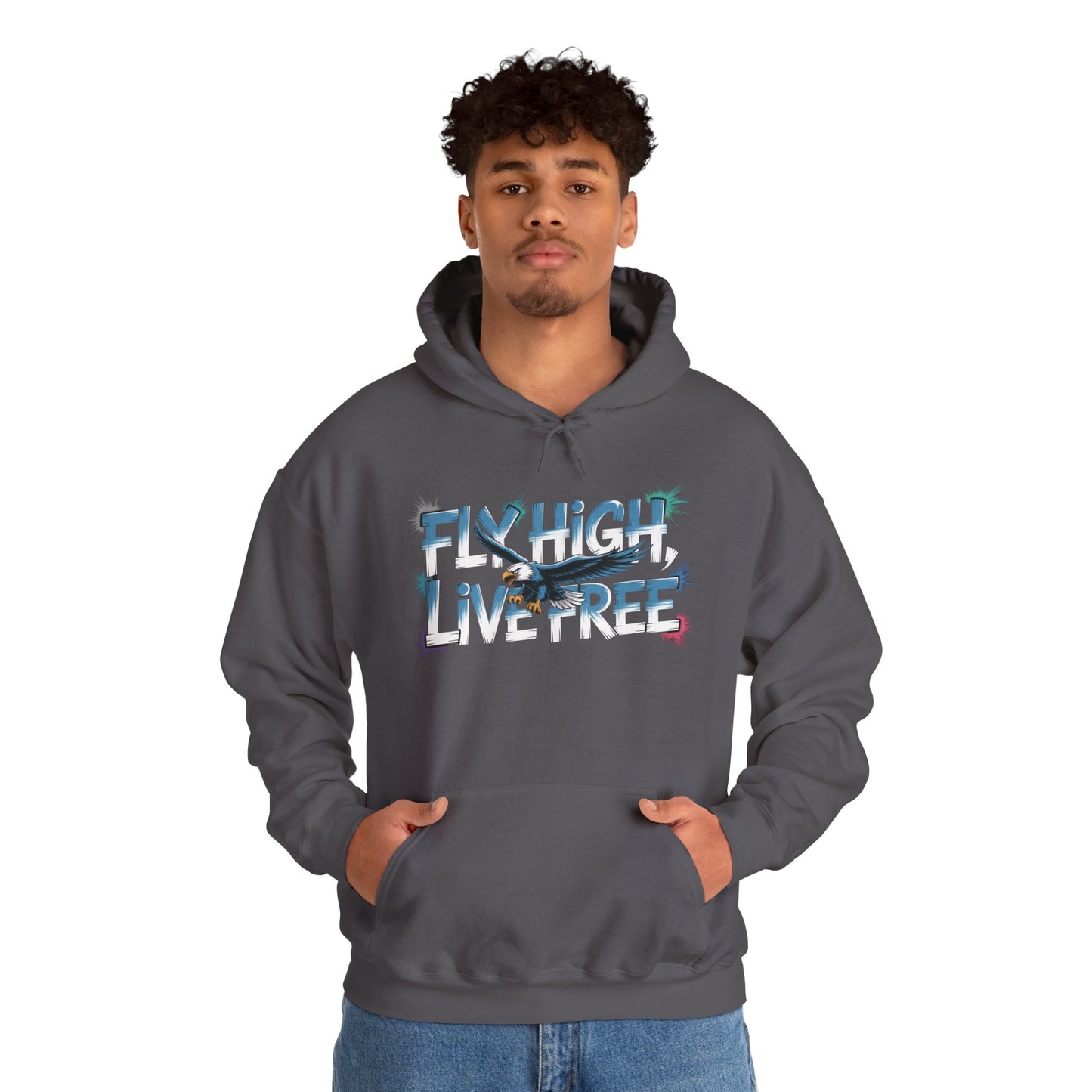 Mens Heavy Blend™ Hooded Sweatshirt, Fly High Live Free Eagle Mens Hoodie Streetwear