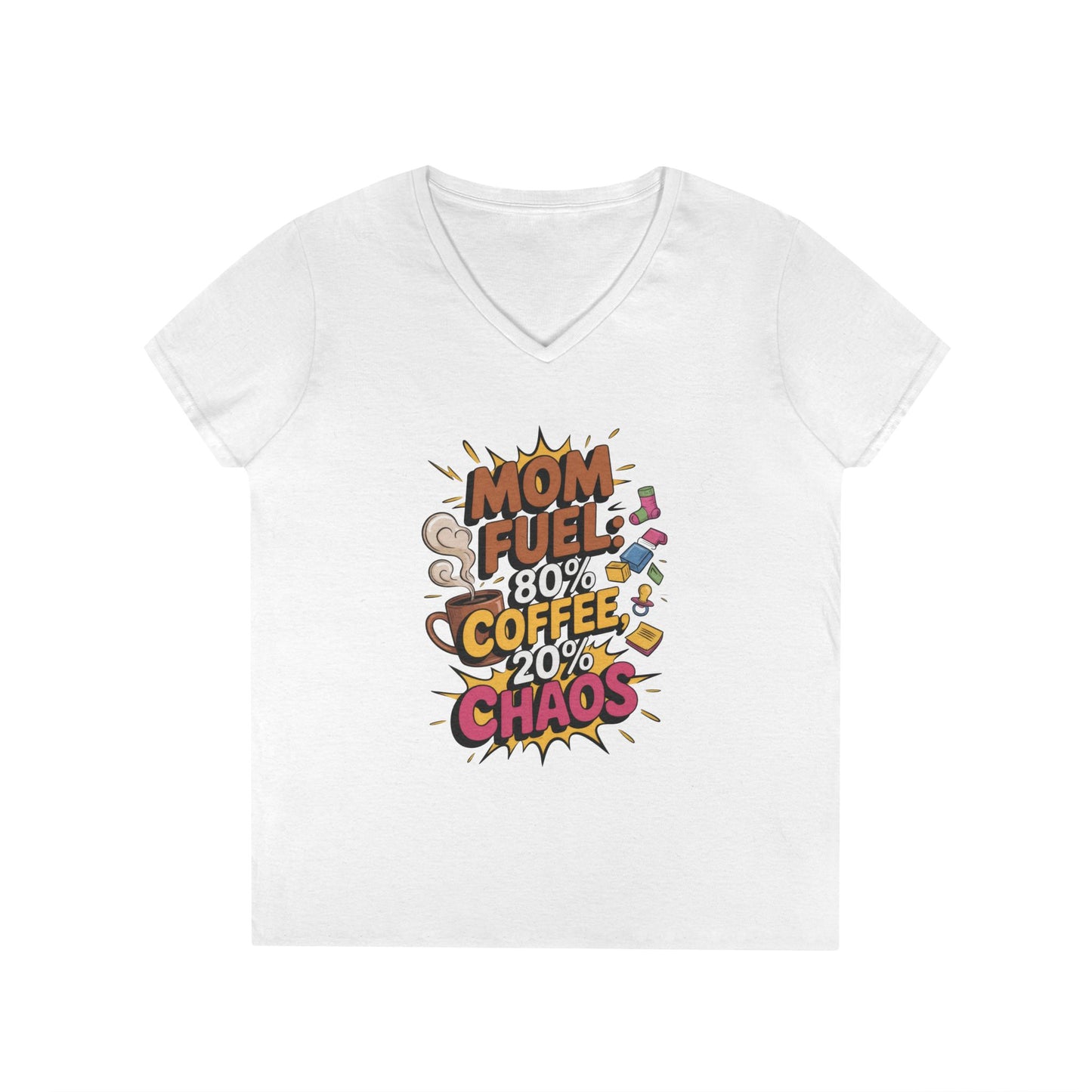 Mom Fuel V-Neck T-Shirt, Funny Gift for Moms, Coffee Lovers, Mother's Day, Everyday Humor, Tired Mom Life Tee, Coffee Loving Moms