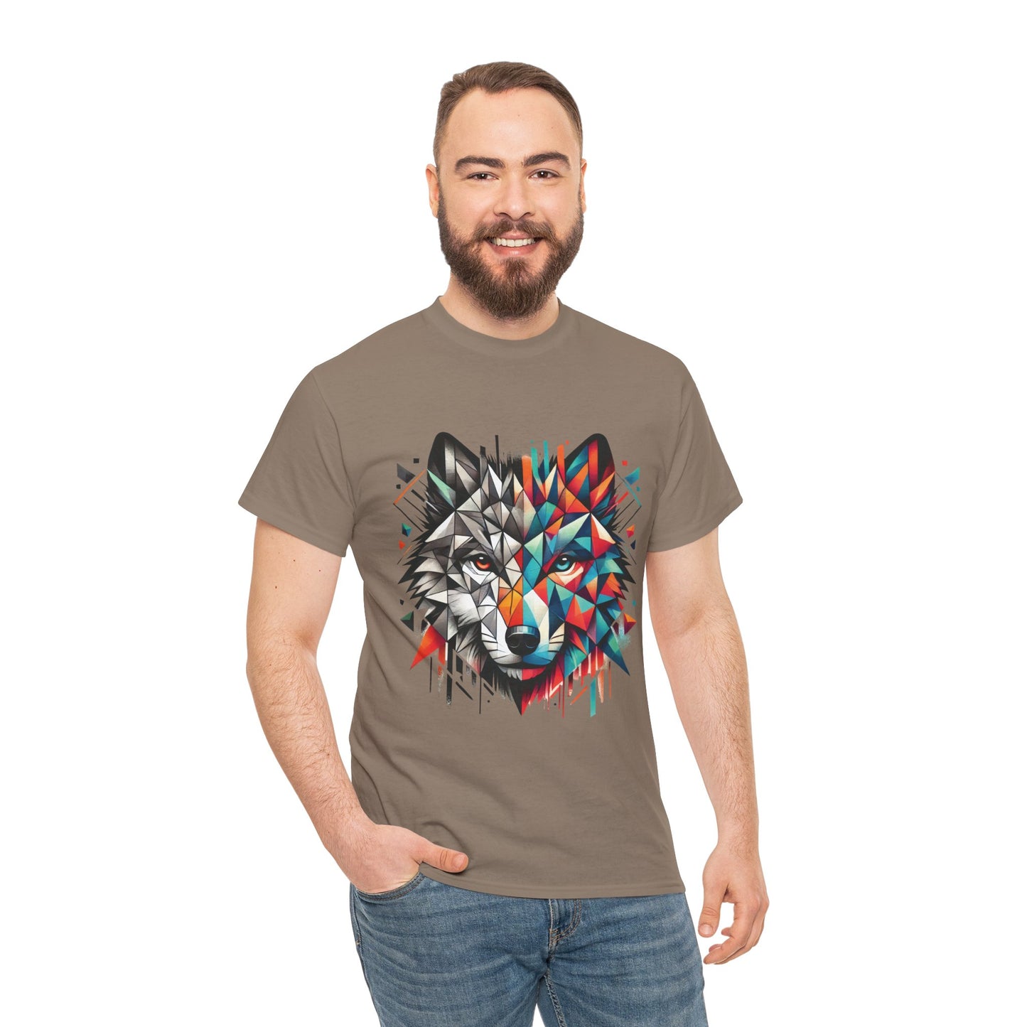 Geometric Wolf Tee, Heavy Cotton T-Shirt, Wildlife Lover Apparel, Unique Nature Wear, Artistic Wolf Design Tee