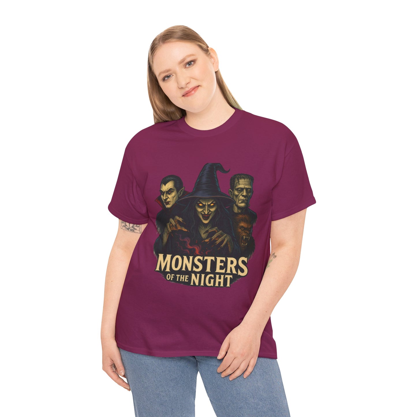 Monsters of the Night Women's T-Shirt, Classic Horror Witch, Vampire, Frankenstein Halloween Tee