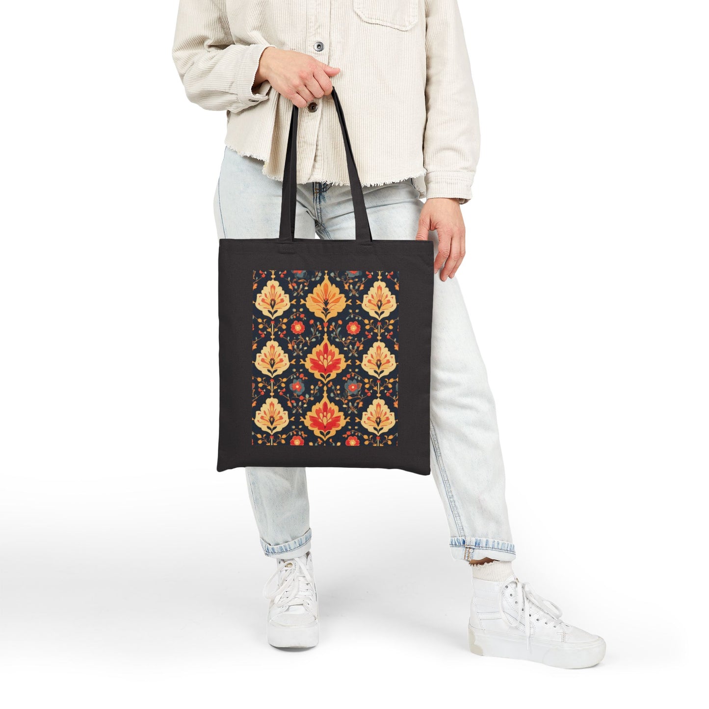 Chic Floral Cotton Canvas Tote Bag, Eco-Friendly Shopping Bag, Gift for Her, Reusable Grocery Tote, Traditional Turkish Carpet Pattern