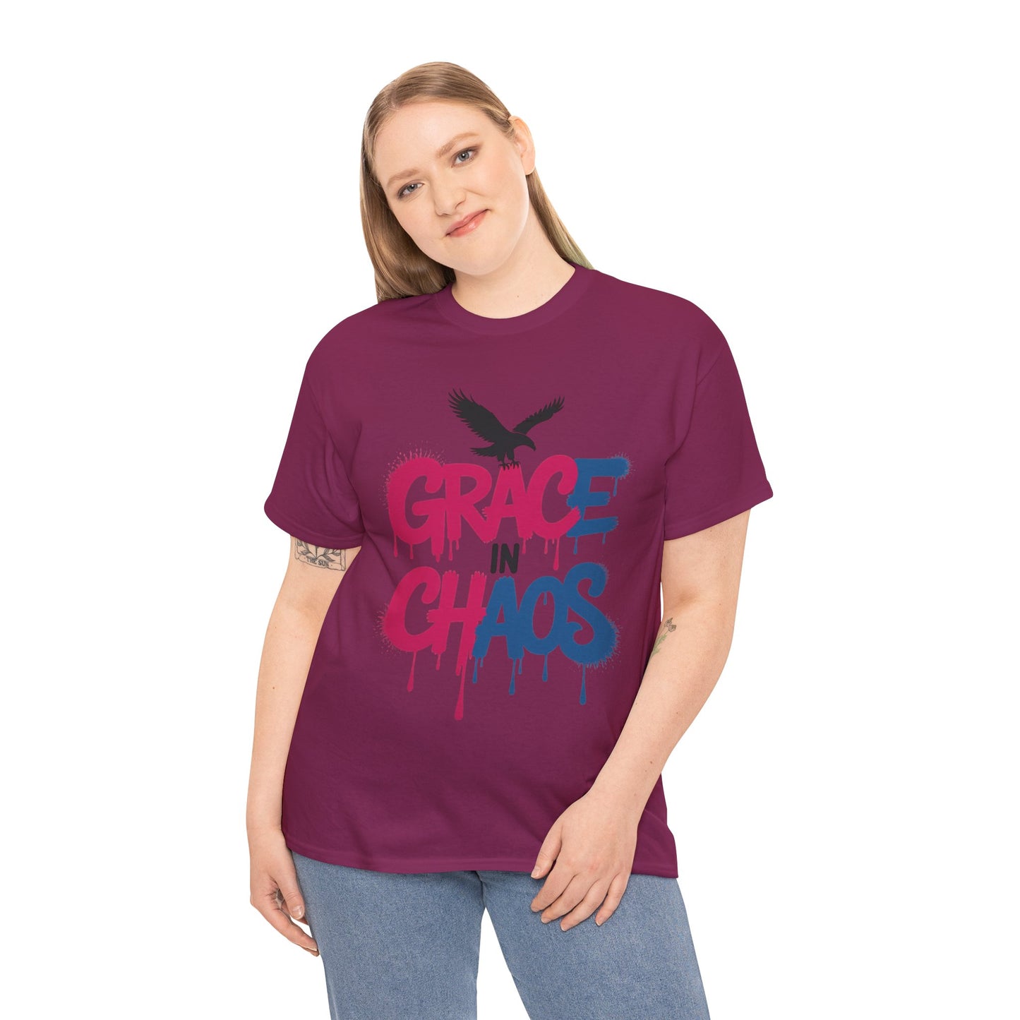 Womens Graffiti T-Shirt, Grace in Chaos Dripping Street Art Tee, Bold Urban Graphic Shirt