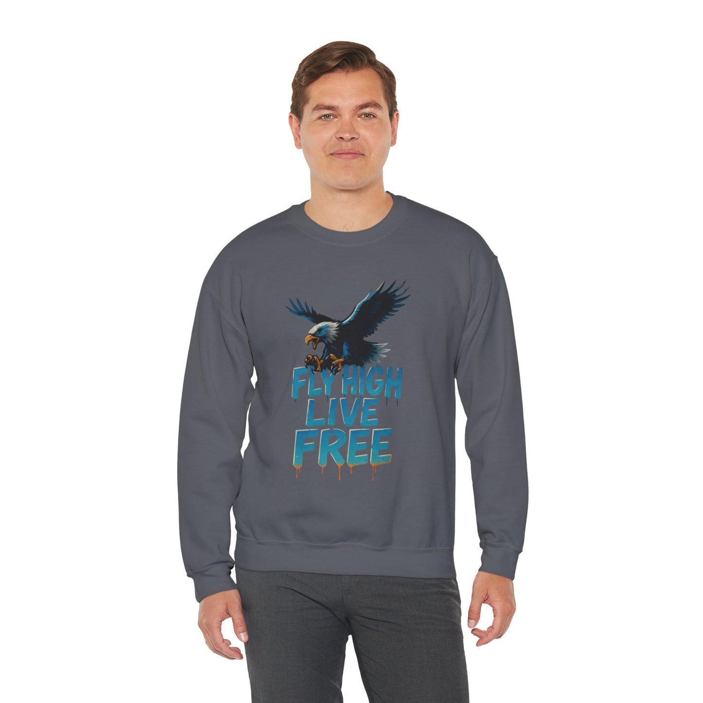 Mens Heavy Blend™ Crewneck Sweatshirt, Fly High Live Free Mens Eagle Graphic Sweatshirt