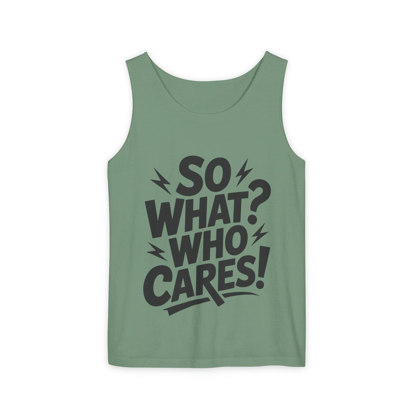 Mens Tank Top, "So What? Who Cares!", Casual Summer Wear, Beach Trip, Festival Outfit, Lightning Print, Sarcastic Summer Tee, Gym Tank