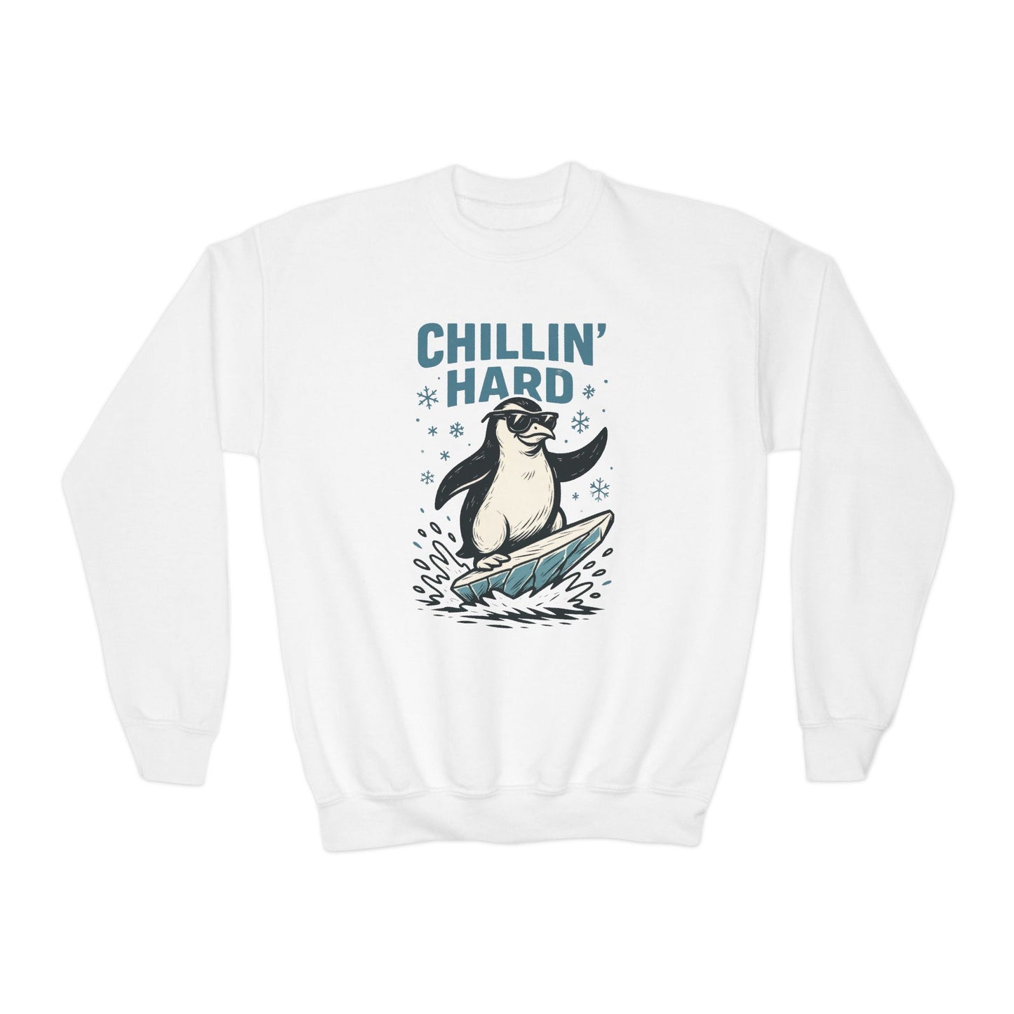 Youth Crewneck Sweatshirt, Kids Chillin Hard Penguin Sweatshirt, Funny Cool Animal Pullover for Children