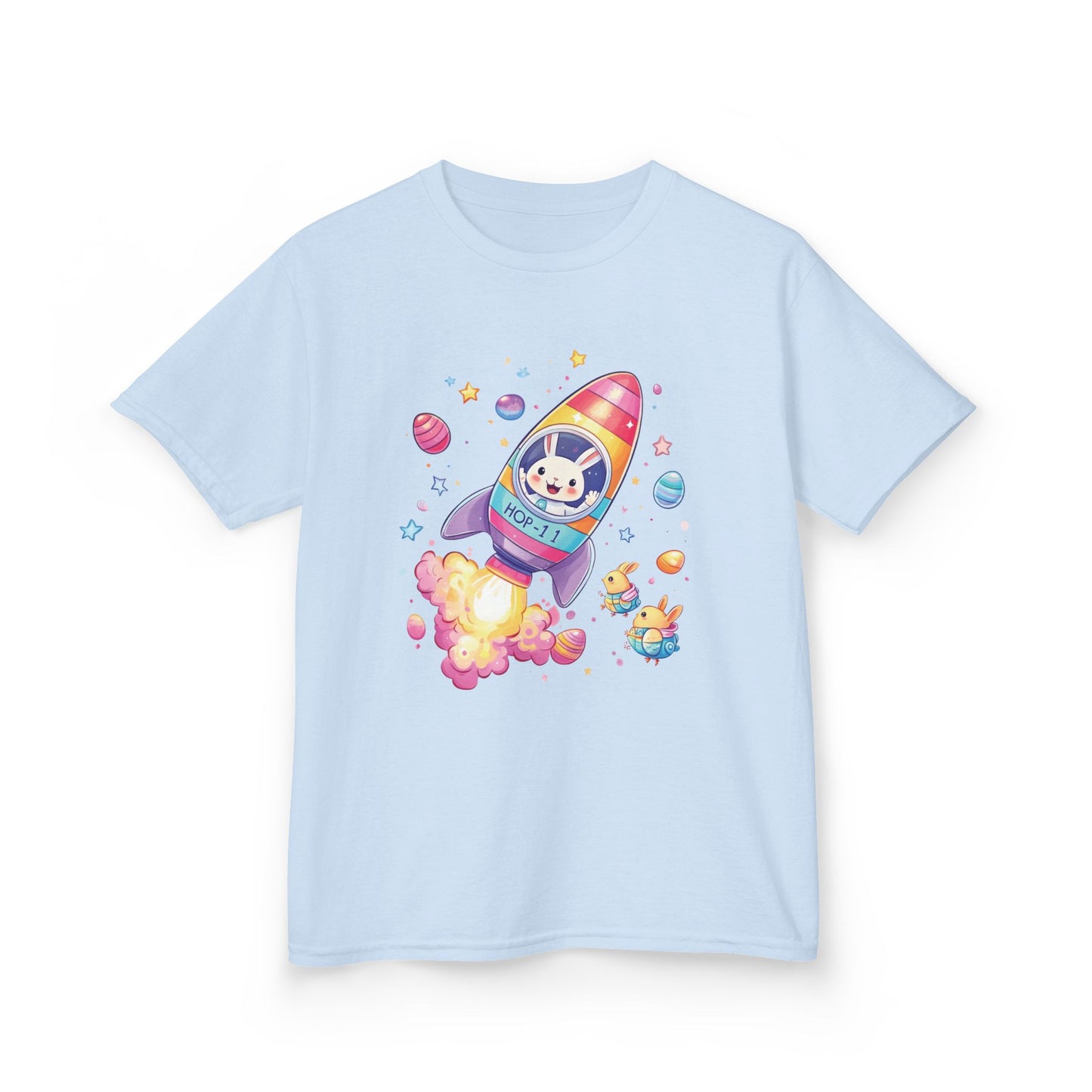 Easter Astronaut Bunny Kids T-Shirt - Cute Space Rocket Bunny with Colorful Eggs, Fun Spring Tee for Boys and Girls, Holiday Gift Idea