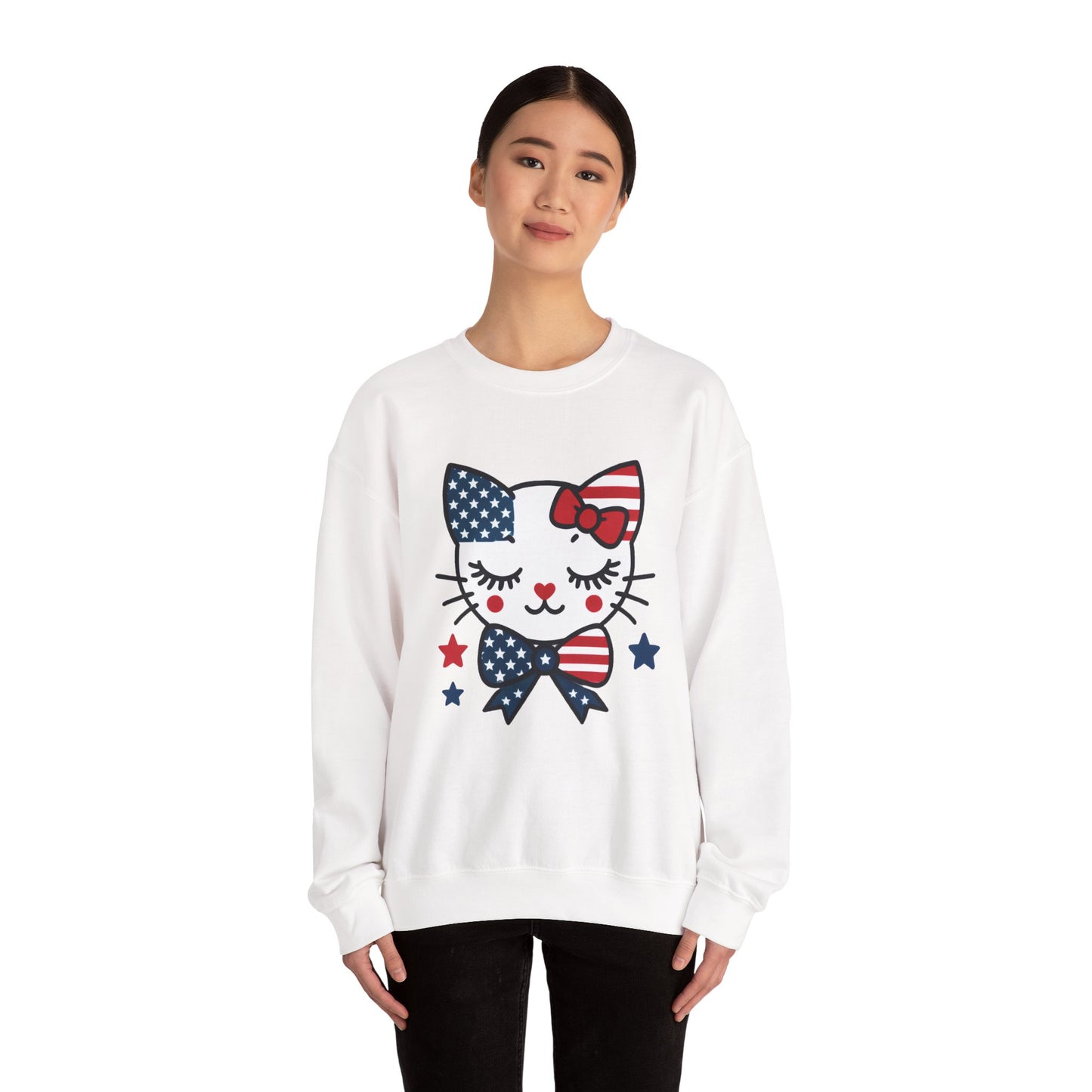 Cute Cat American Flag Sweatshirt, Women's Crewneck, Perfect for 4th of July, Women's Casual Wear, Cat Lovers Gifts