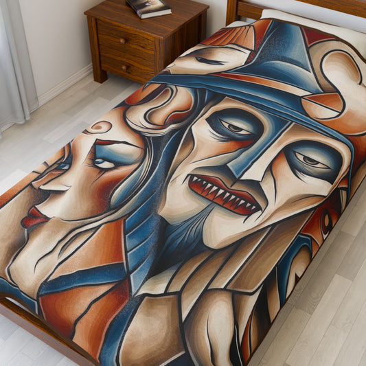 Abstract Gothic Faces Velveteen Plush Blanket, Cubist Witch and Vampire Art Throw Blanket, Modern Halloween Home Decor, Unique Artistic Gift