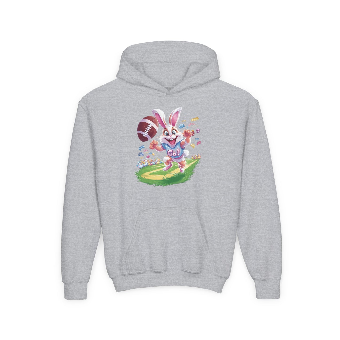 Touchdown Bunny Hoodie for Kids - Fun Easter Football Design - Youth Heavy Blend Sweatshirt - Spring Gift for Sporty Bunny Fans