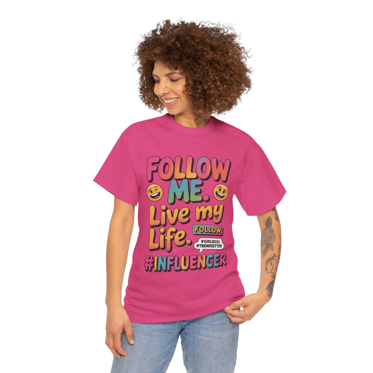 Womens Heavy Cotton Tee, Influencer Graphic Tee, Follow Me Live My Life Shirt, Colorful Trendy GirlBoss T-Shirt, Trendsetter Summer Wear