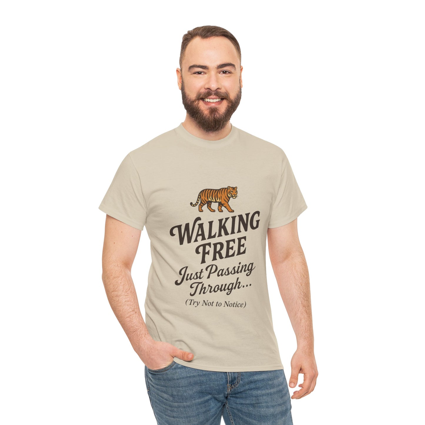 Walking Free Tiger Shirt for Men - Just Passing Through Funny Graphic Tee - Wild Animal Casual Top, Gift Nature Lovers