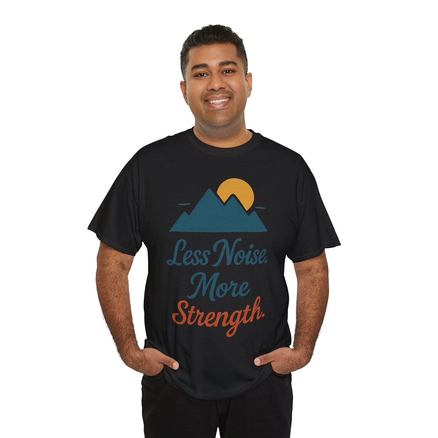 Mens Less Noise More Strength Mountain T-Shirt, Motivational Gym Hiking Tee