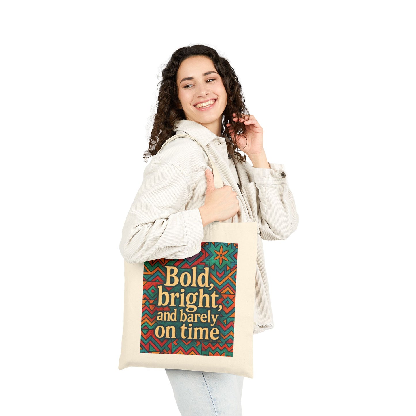 Bold Bright and Barely On Time Tote Bag, Colorful Retro Quote Canvas Bag, Funny Colorful Grocery Bag, Vibrant Motivational Text Print