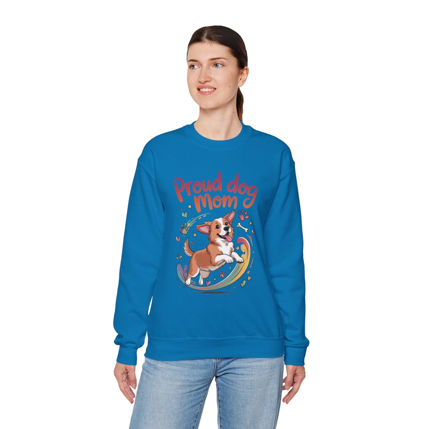 Proud Dog Mom Crewneck Sweatshirt, Pet Lover Gift, Dog Mom Apparel, Animal Lover Clothing, Gift for Dog Moms, Puppy Paw Rainbow Print