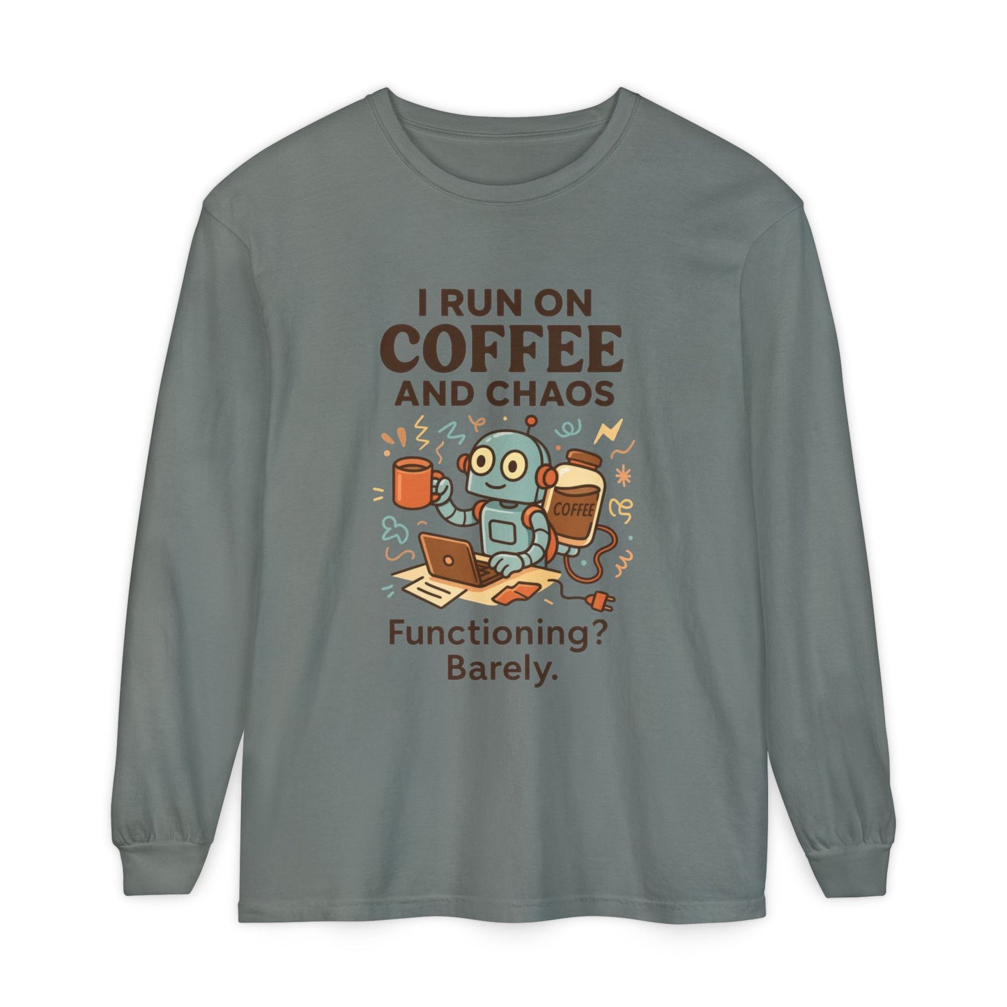 Coffee Chaos Long Sleeve Tee, Funny T-Shirt, Quirky Gift for Coffee Lovers, Unisex Top for Busy Lives, Work from Home Humor Tee