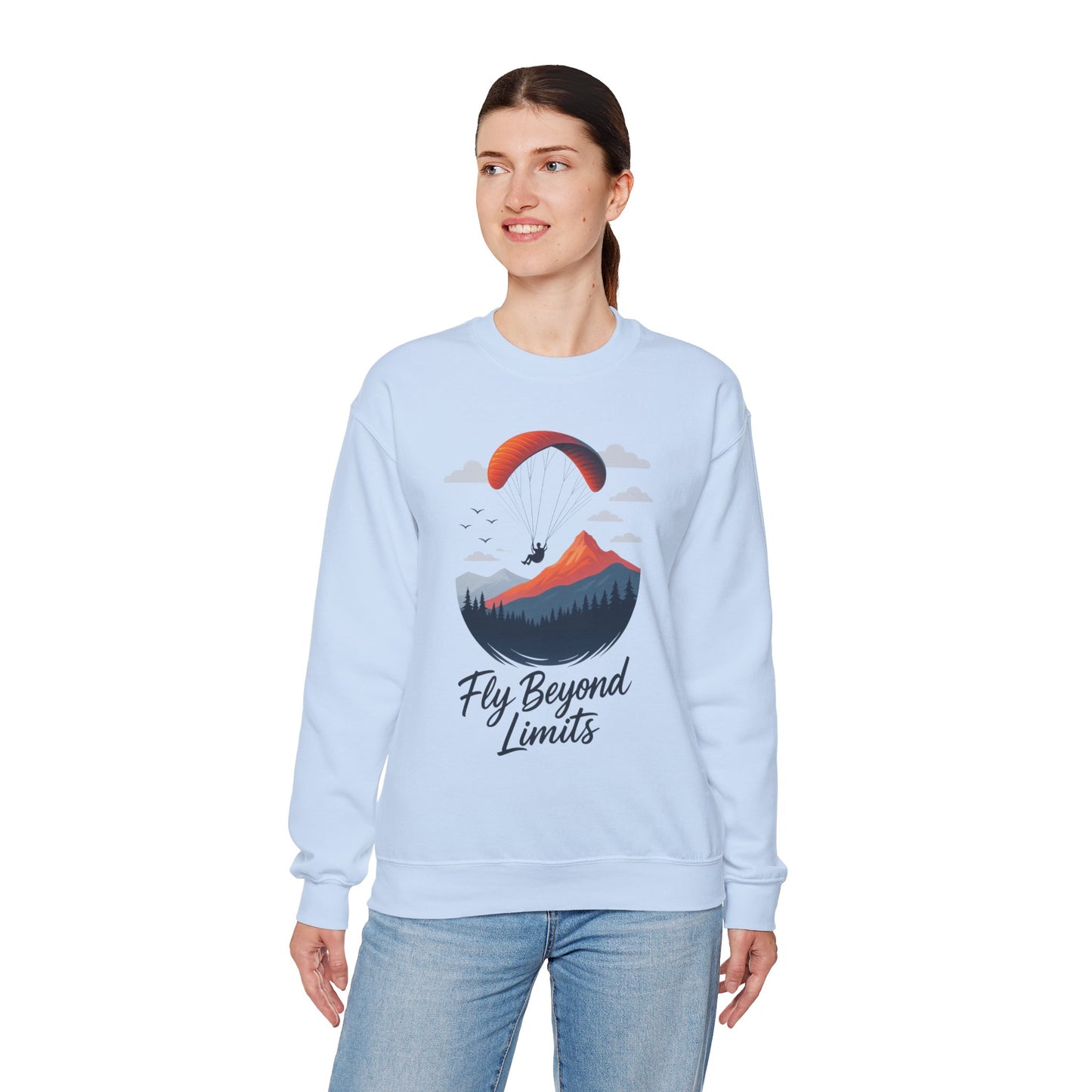 Adventure Inspiration Crewneck Sweatshirt - Fly Beyond Limits, Cozy Outdoor Outfit, Gift for Adventurers, Travel, Motivation Apparel