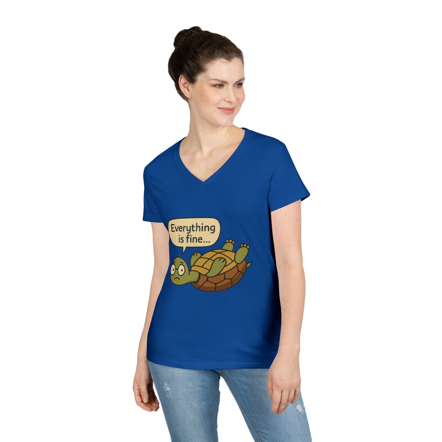 Cute & Comfy Turtle V-Neck T-Shirt - "Everything is fine..." design, Gift for Animal Lovers, Casual Wear, Fun Quotes, Positive message tee