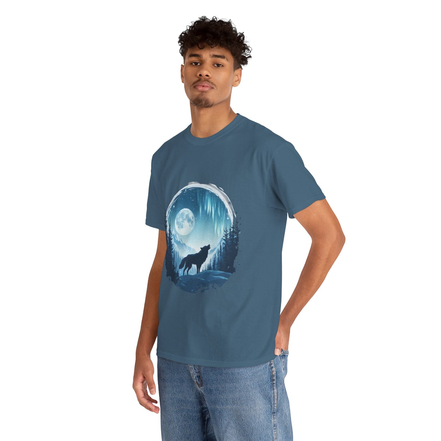 Howling Wolf Under Moonlight Men's T-Shirt, Full Moon Forest Scene Tee, Nature Lover Gift, Outdoor Adventure Clothing