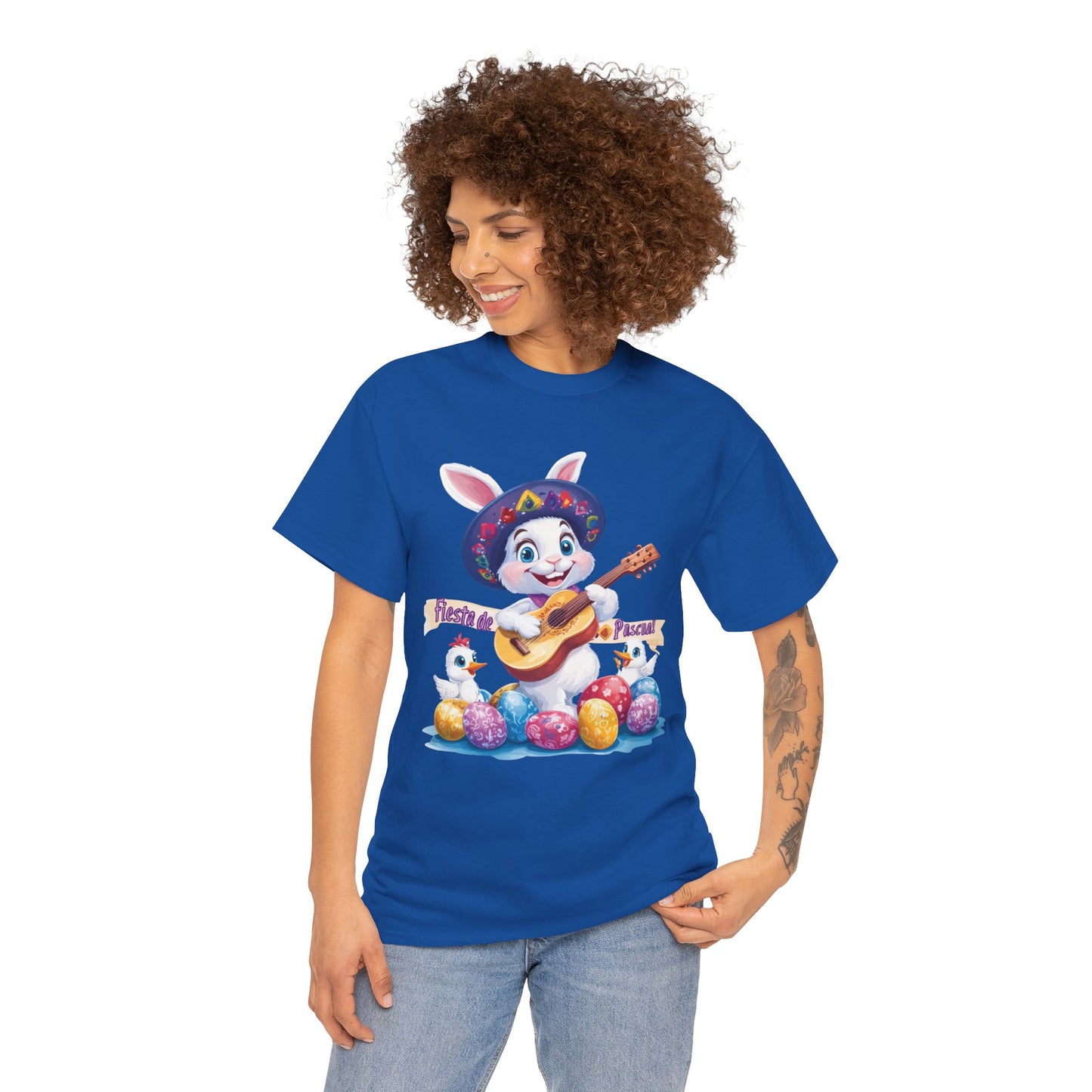 Fiesta de Pascua Bunny Shirt, Funny Easter Rabbit Playing Guitar Tee, Colorful Unisex Heavy Cotton T-Shirt, Cute Holiday Celebration Gift