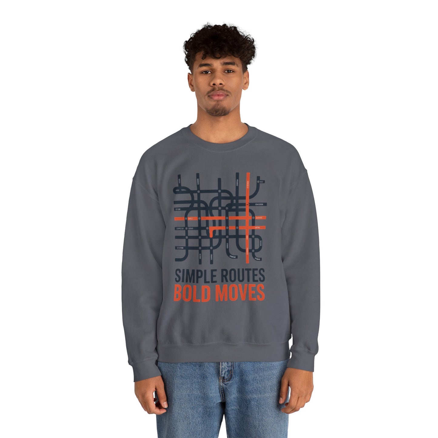 Men's Heavy Blend™ Crewneck Sweatshirt, Simple Routes Bold Moves Sweatshirt, Minimalist Metro Map Graphic Pullover